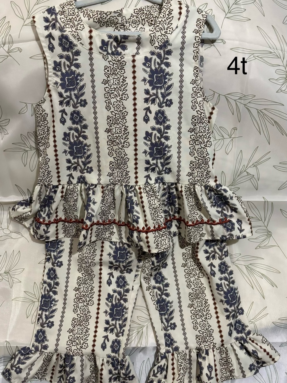 Girls' Cream and Navy Floral Ruffle Matching Set
